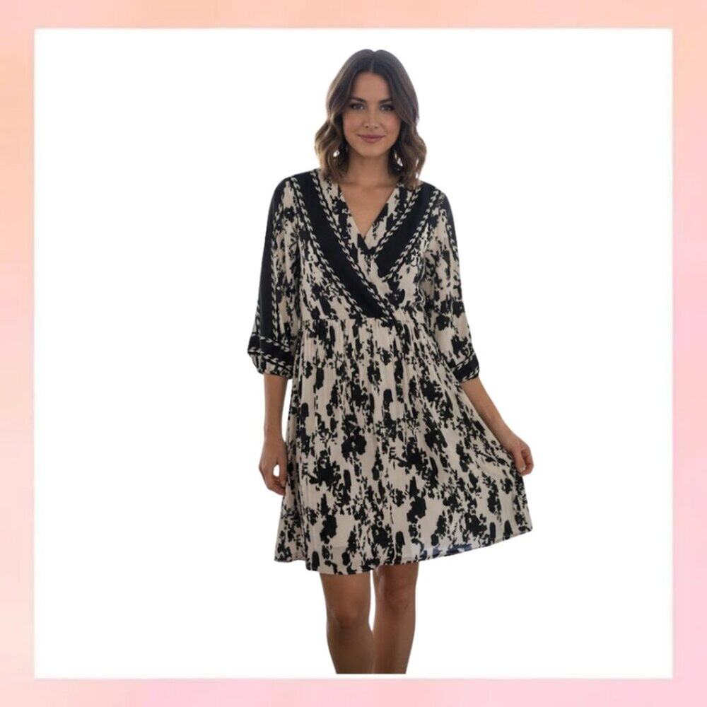 Cabi NWT Black & White Floral Faux Wrap Dress - Size Medium - Geometric Trim